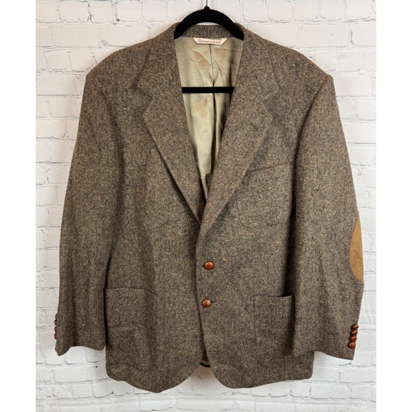STAFFORD brown suede elbow patch 100% wool tweed mens jacket blazer 42R NWOT - Picture 1 of 14